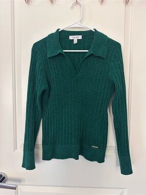 Nine West Green Ribbed Collared Sweater Top M